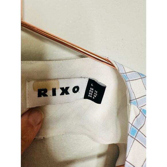 RIXO Blue White Checkered Steph Crepe Tie Back Puff Sleeves Midi Dress Size 10 - Picture 7 of 13